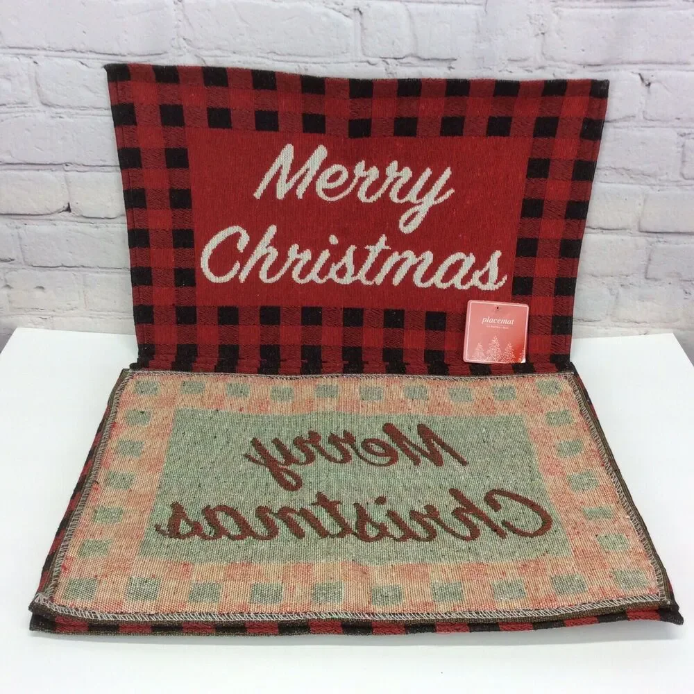 Merry Christmas Tapestry Placemats Set of 6 Red/Black Buffalo Check Farmhouse
